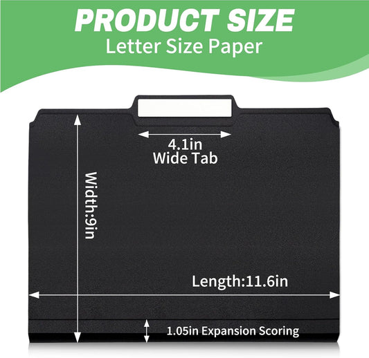 Black File Folders, 6-Pack, 1/3 Tab Filing Folders for 8.5x11 Letter Size Documents, Great for Organizing and Easy File Storage (6 Pack)