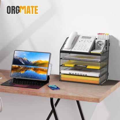 Letter Tray Paper, 4 Tier Desk Organizer with Pen Holder and Handle Mesh File Organizer Paper Sorter Metal Desktop Document Shelf for Office Home Classroom -Black