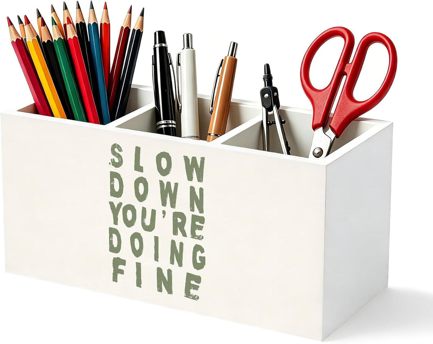 Don't Overthink It Inspirational Pencil Pen Holder for Desk, Pink Positive Affirmations Wooden Box Sign Pen Holder Organizer for Home Office School Desk Accessories