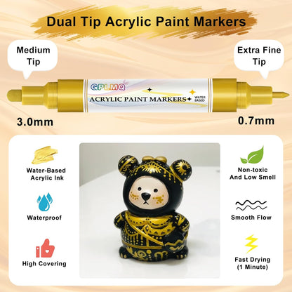 Paint Markers Paint Pens - 2 Pack Dual Tip Acrylic Permanent Marker (0.7mm & 3mm), Non-Toxic, Water-Based for Art Painting, Stone, Ceramic, Glass, Wood, Fabric, Metal, DIY Crafts (White)