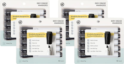 U Brands Fine Tip Dry Erase Markers with Eraser, Whiteboard Markers with Chisel tip, Low Odor, Black, Set of 5