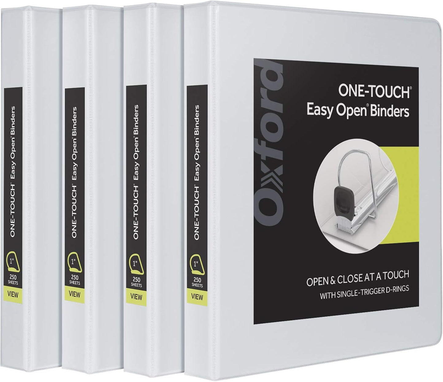 Oxford 3 Ring Binders, Binders for School and Office, 2 Inch ONE-Touch Easy Open D Rings, 3-Sided View Binder Covers, Xtralife Hinge, Non-Stick, PVC-Free, White, 530-Sheet Capacity, 4 Pack (79910)