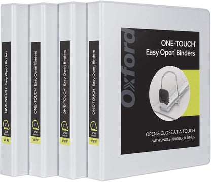 Oxford 3 Ring Binders, Binders for School and Office, 2 Inch ONE-Touch Easy Open D Rings, 3-Sided View Binder Covers, Xtralife Hinge, Non-Stick, PVC-Free, White, 530-Sheet Capacity, 4 Pack (79910)