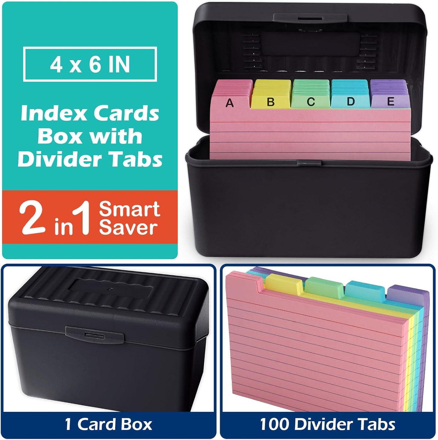Olivo 4x6 Index Card Holder Box with 100 Cards Dividers Tabs 4"x 6", Blue