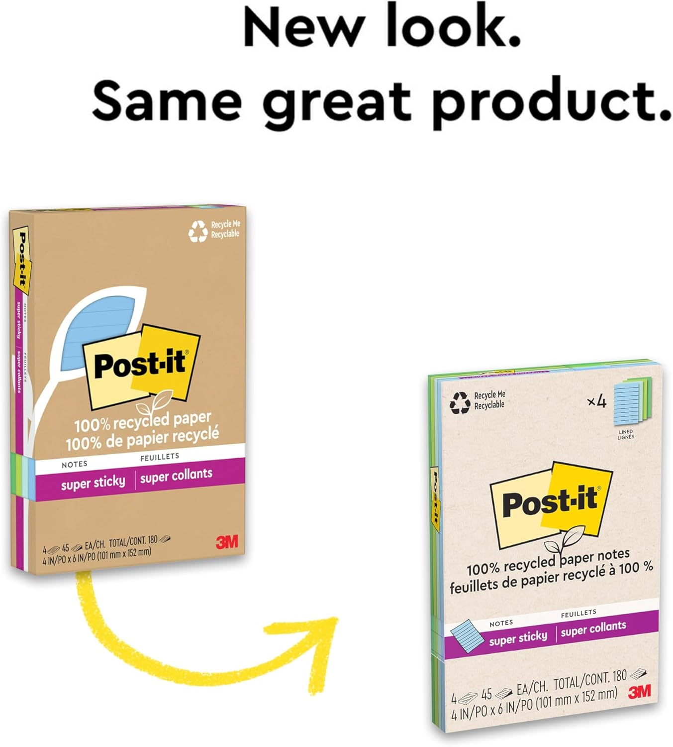 Post-it 100% Recycled Paper Super Sticky Notes, Lined, 4 in. x 6 in., 4 Pads, 45 Sheets per Pad, Wanderlust Pastels, School Supplies and Office Products