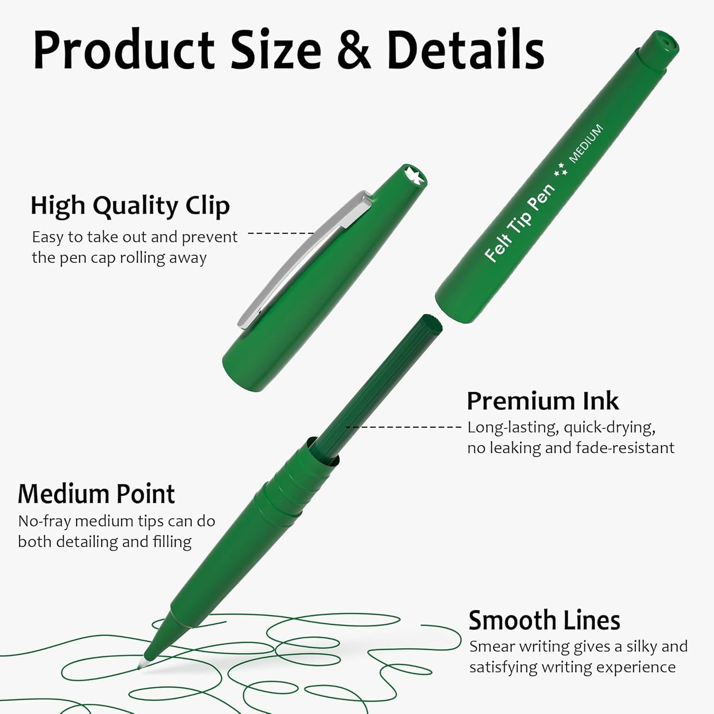 Lelix Felt Tip Pens, 15 Black Pack, 0.7mm Medium Point, Felt Tip Markers Pens for Journaling, Writing, Note Taking, Planner, Perfect for School Office and Art Supplies