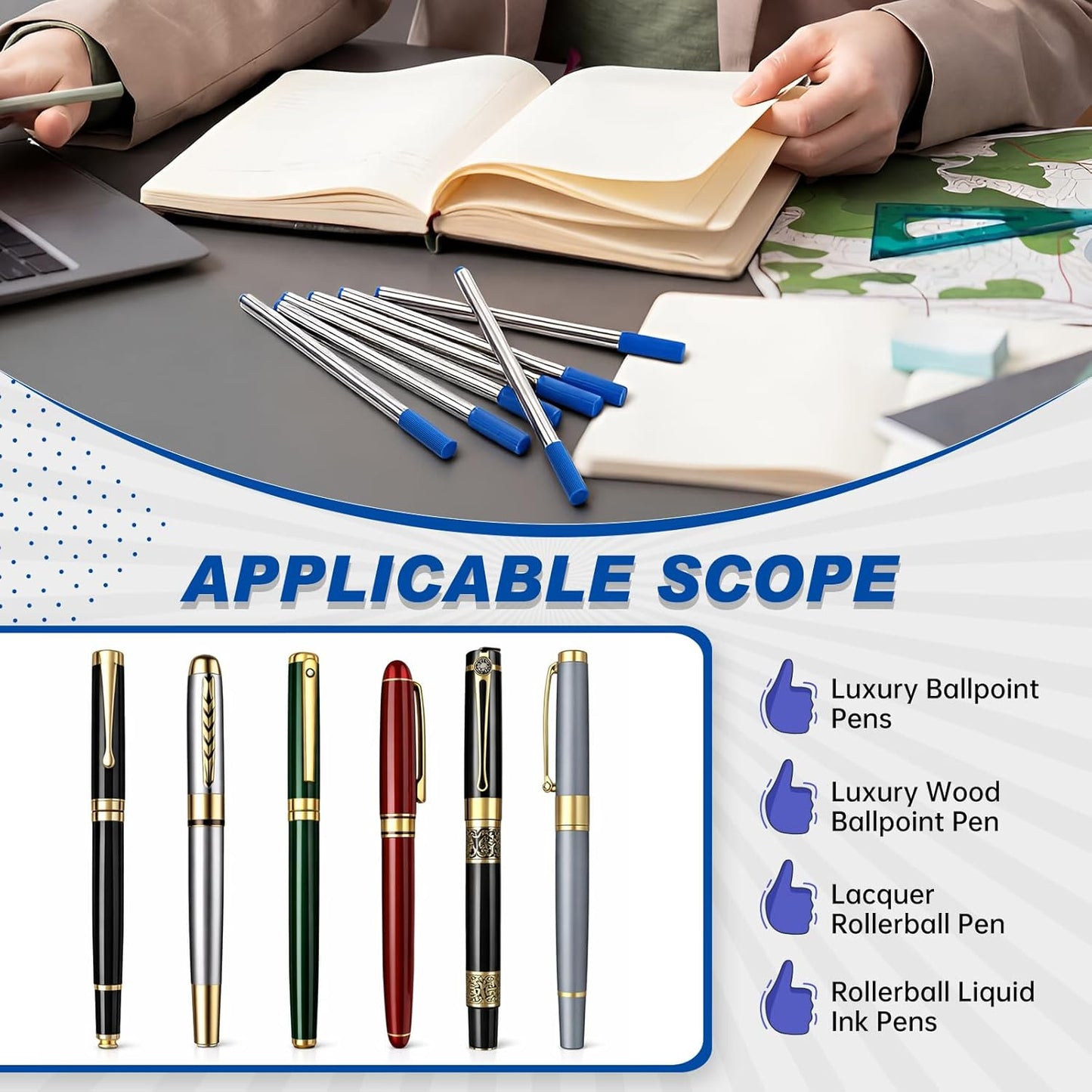 Sherr 20 Pcs 4.4 inch Replaceable Rollerball Pen Refills 0.5mm Fine Point Metal Body Refills Compatible with Mainstream Fountain Pens Smooth Writing Quick Dry Anti-Bleed for School Office(Black Ink)