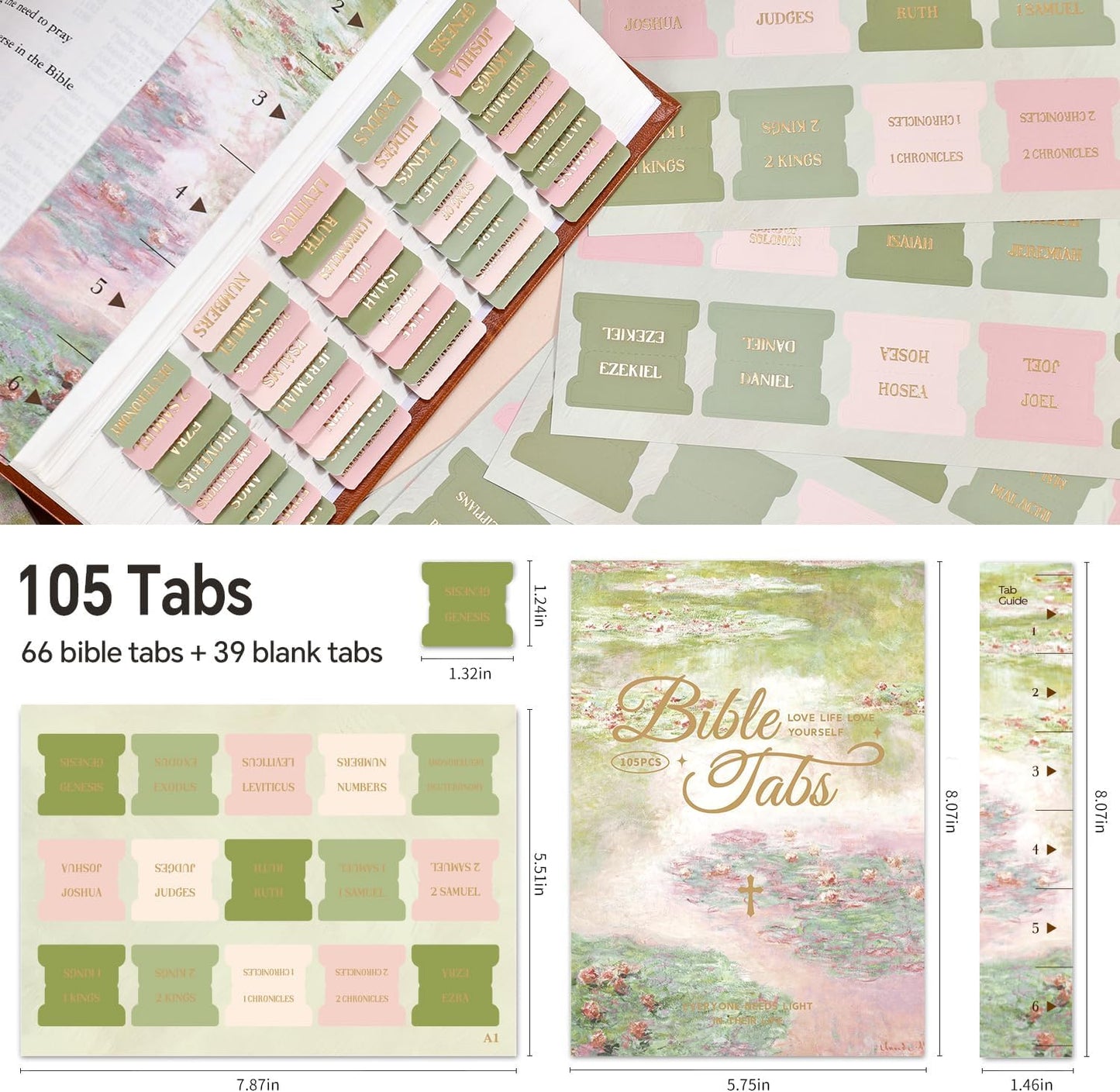 Laminated Bible Tabs, Gold Foil Embossed Lettering Bible Chapter Index Tabs for Women Men, Reposition Large Print Sticky Labels, Easy to Read and Apply, 105Chapters Labels for Easy Navigation (Black)