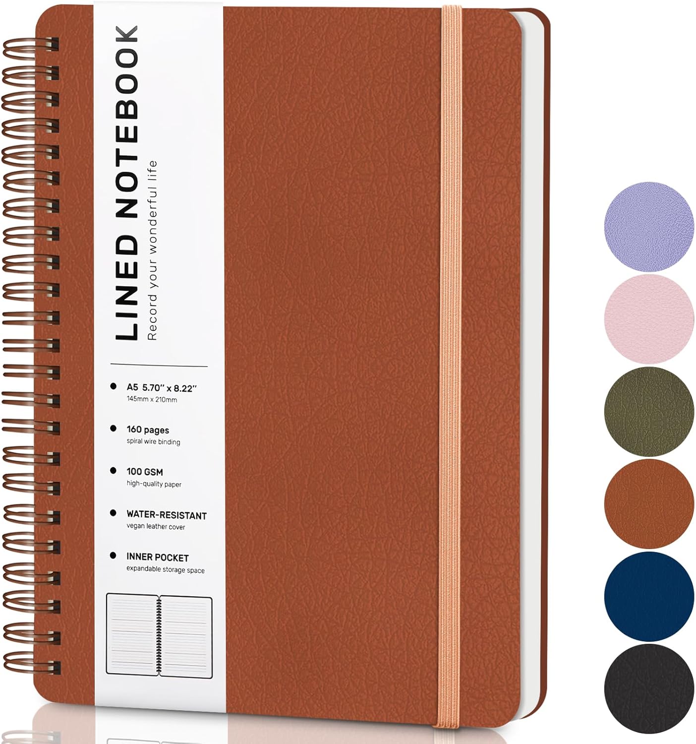 Lined Spiral Journal Notebook, A5 Hardcover Leather Notebook for Work, 5.7''×8.2'', 100GSM Thick Paper Spiral Bound Journaling Notebooks for Women & Men Office School Note Taking Business, Black