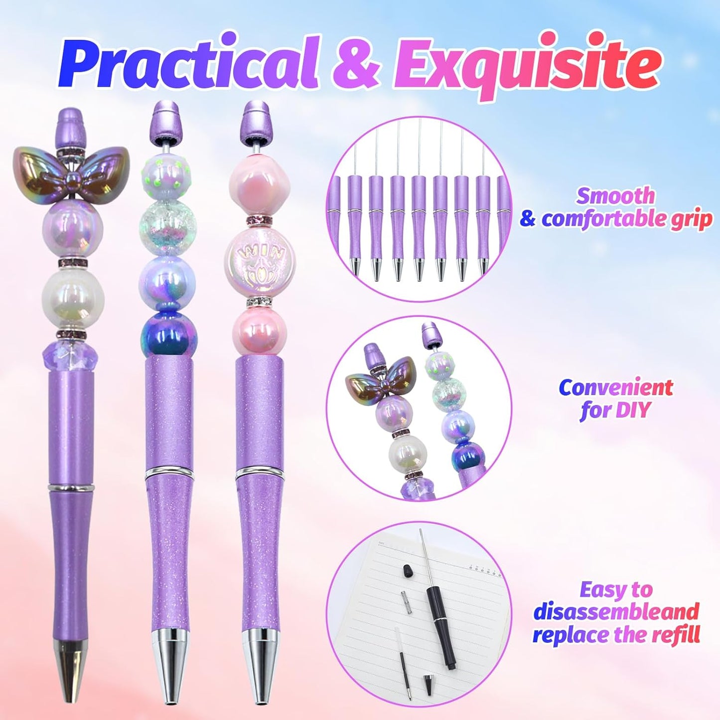 150 Pieces DIY Beadable Pen Kit – 50 Plastic Ballpoint Pens with Refills & Bags, Beads Not Included – School Supplies, Office Accessories & Craft Gifts for Students & Teachers (Multicolor)