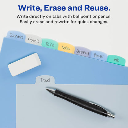 Avery® Durable Write-On Plastic Dividers with Erasable Tabs,11" x 8 1/2", Multicolor, 8 Tabs