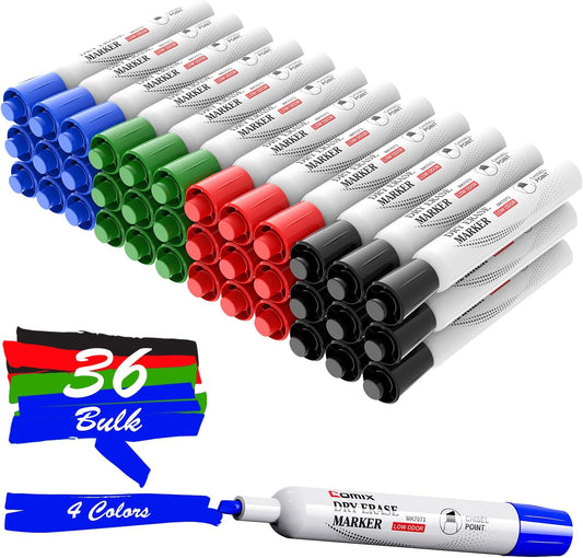 Comix Dry Erase Markers, Chisel Tip Whiteboard Markers, 36 Bulk 4 Assorted Color Low Odor Markers for Classroom, Teachers, Office, School Supplies