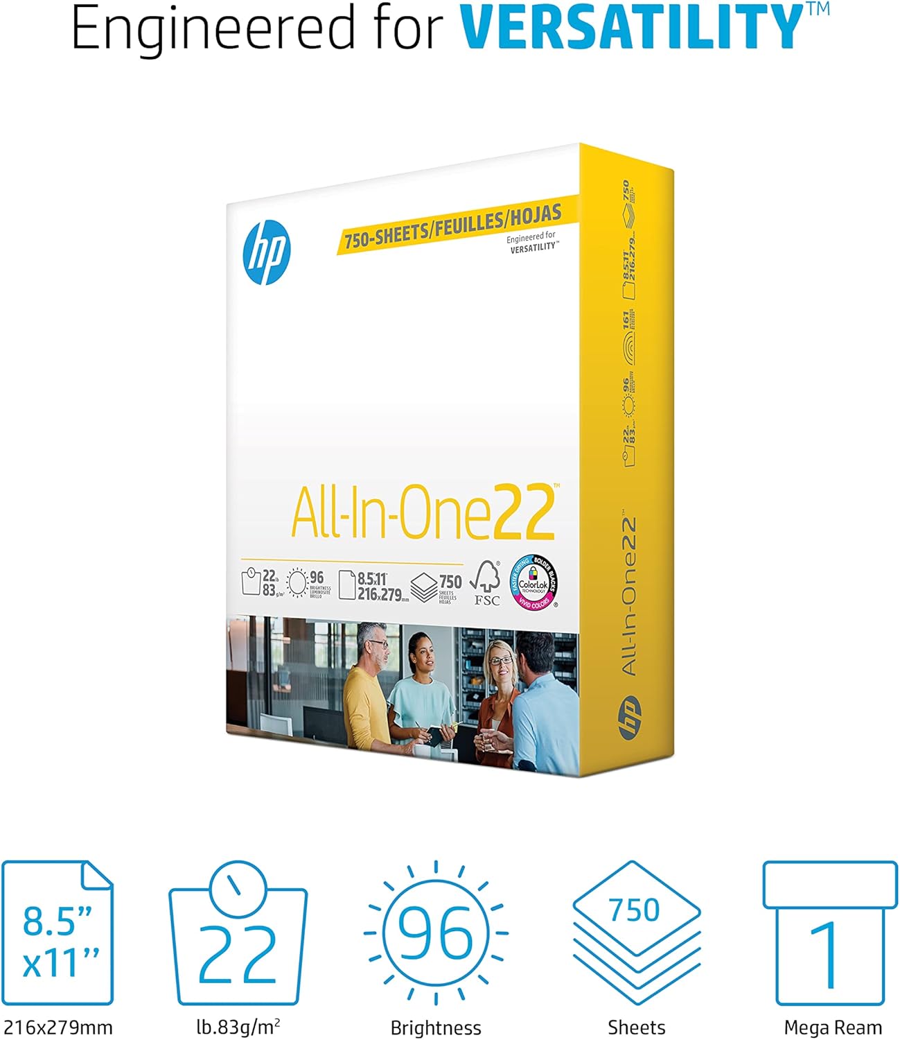 HP Papers | 8.5x 11 Paper | All-In-One 22 lb | 5 Ream Case - 2,500 Sheets | 96 Bright| Made in USA - FSC Certified | 207000C