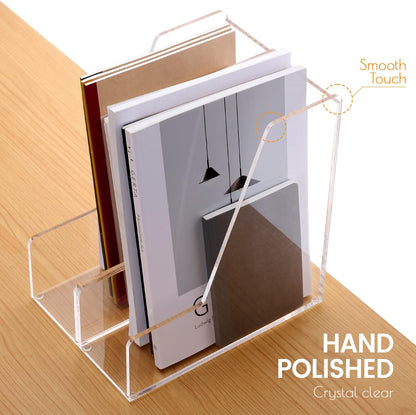 HeZone Acrylic Magazine Rack File Holder Desk Organizers and Storage 2-Pack Small Clear Acrylic Vertical Magazine Holder Book Stand for Office Desk