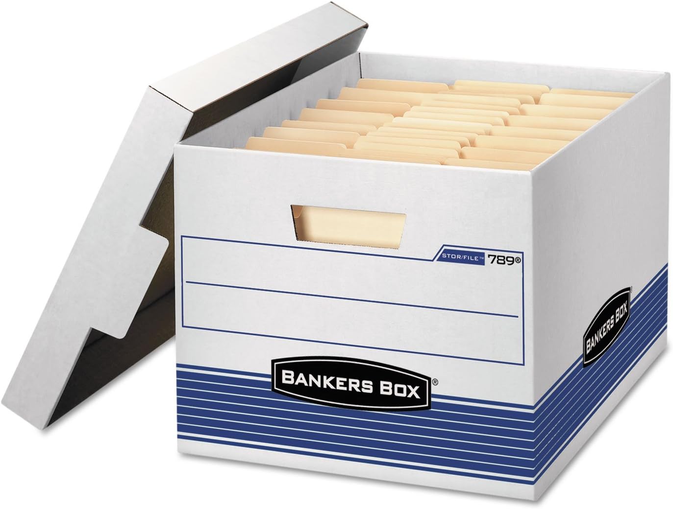 Bankers Box 0078907 STOR/File Med-Duty Letter/Legal Storage Boxes, Locking Lid, White/Blue, 4/Carton
