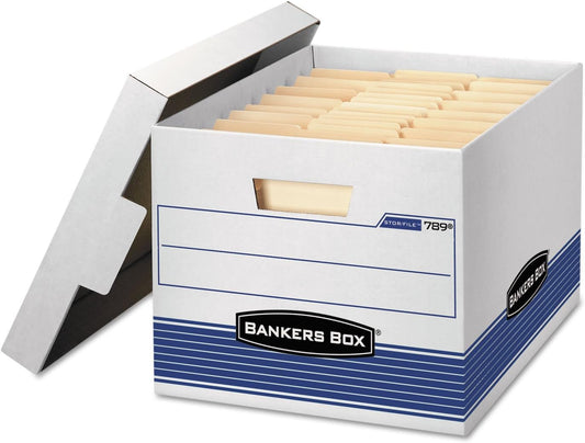 Bankers Box 0078907 STOR/File Med-Duty Letter/Legal Storage Boxes, Locking Lid, White/Blue, 4/Carton