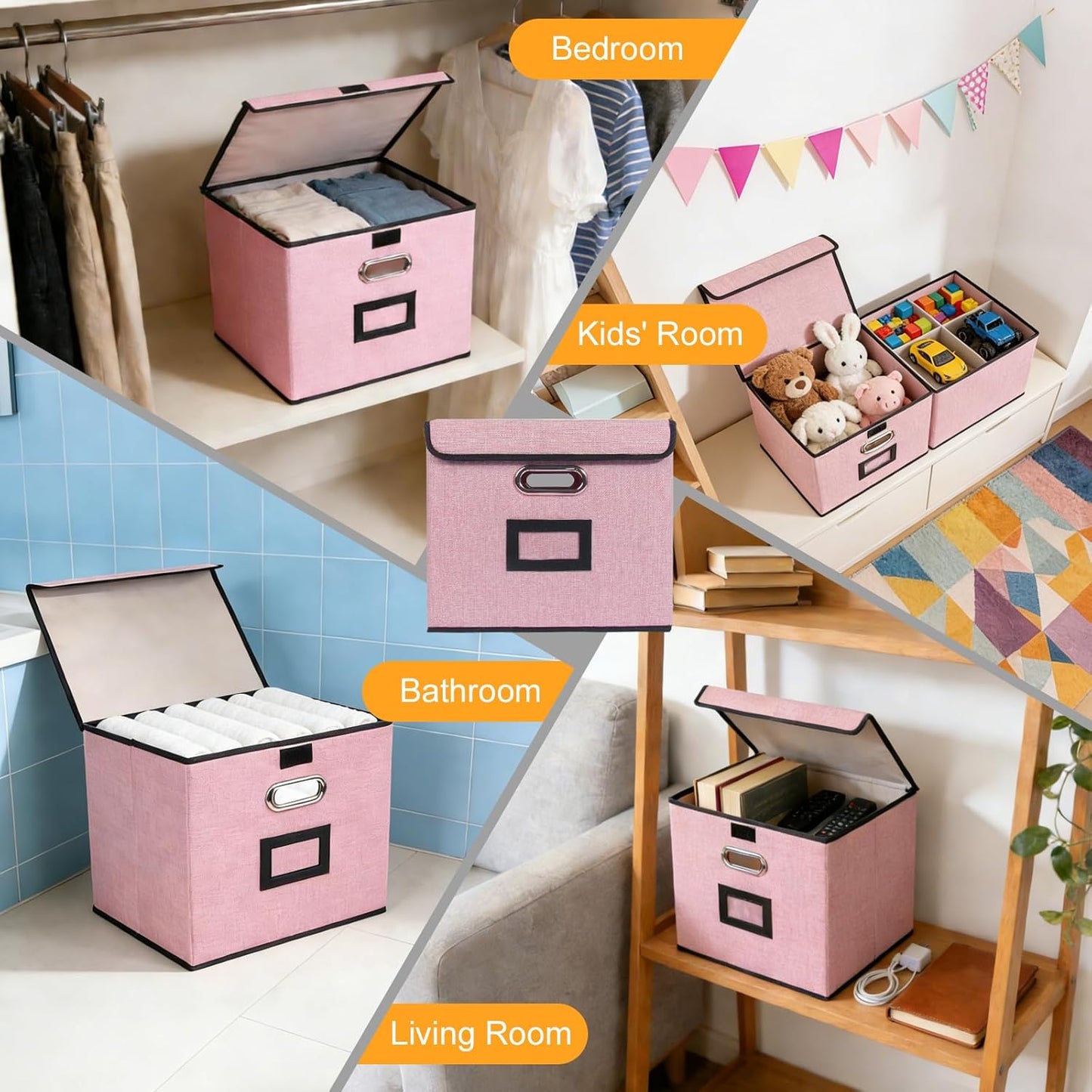 File Storage Box with Lid, 15.55x12.87x10.43 Inches, Foldable Organizer with Handles & Label Slot, for File Storage, Home, Office, and Closet Organization(Pink)
