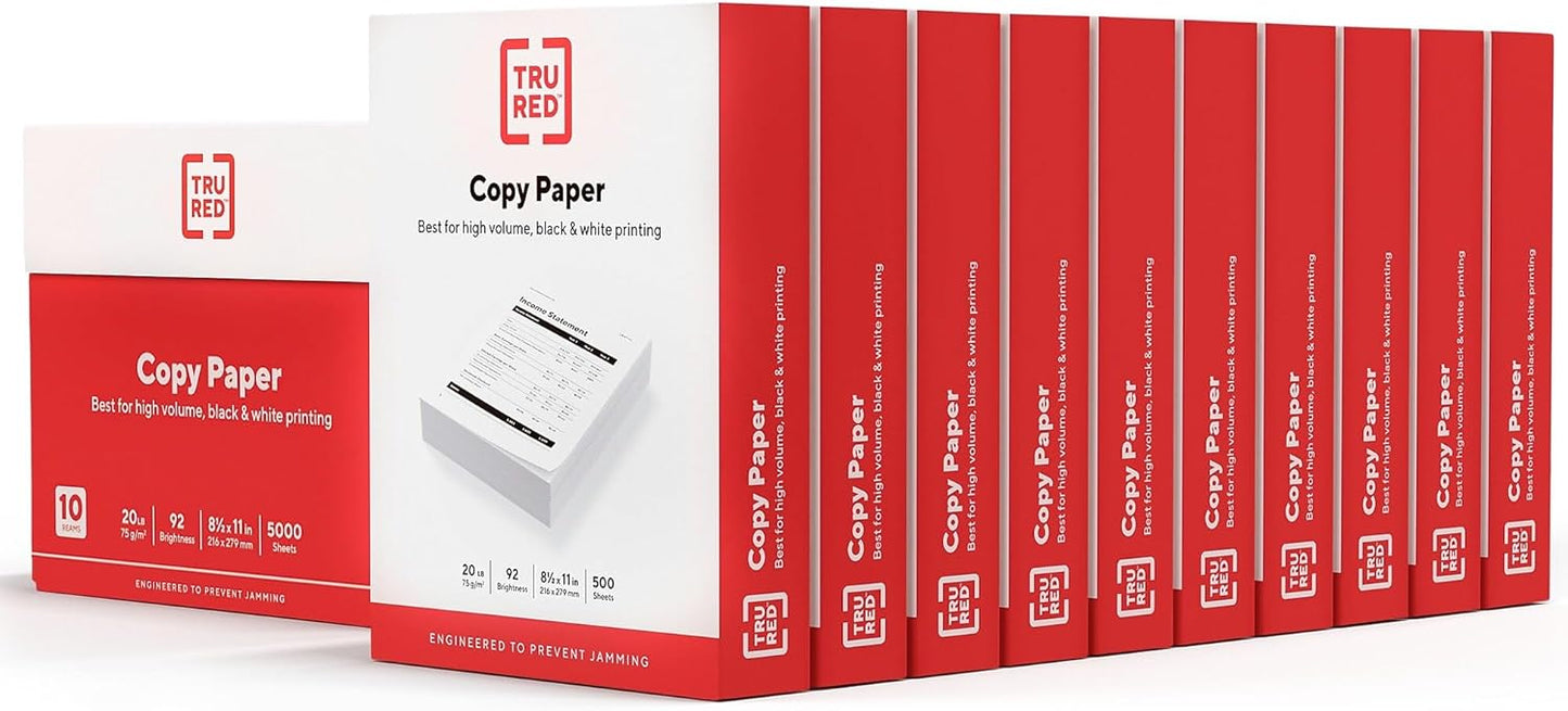 TRU RED 8.5x11 Copy Paper 20 lb. 92-Bright 5000 Sheets/Carton, For Office, School & Home