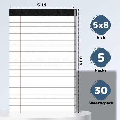 5x8 Legal Pads Writing Pad Note Pads, 5 Pack College Ruled Lined Paper Pad, White Perforated Notebook, Premium Notepads for School Office Home, 30 Sheets/Pack
