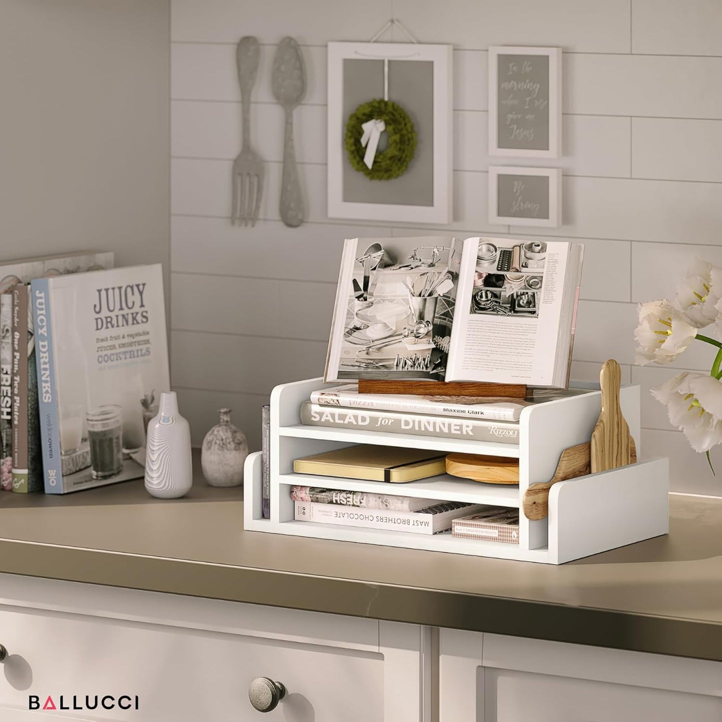Ballucci 3-Tier Desk Organizer with 2 Side Mail Sorter Slots, Wood Letter Tray, Open Top Paper Organizer, Desktop File Organizer, Black
