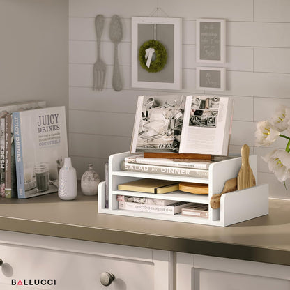 Ballucci 3-Tier Desk Organizer with 2 Side Mail Sorter Slots, Wood Letter Tray, Open Top Paper Organizer, Desktop File Organizer, Black