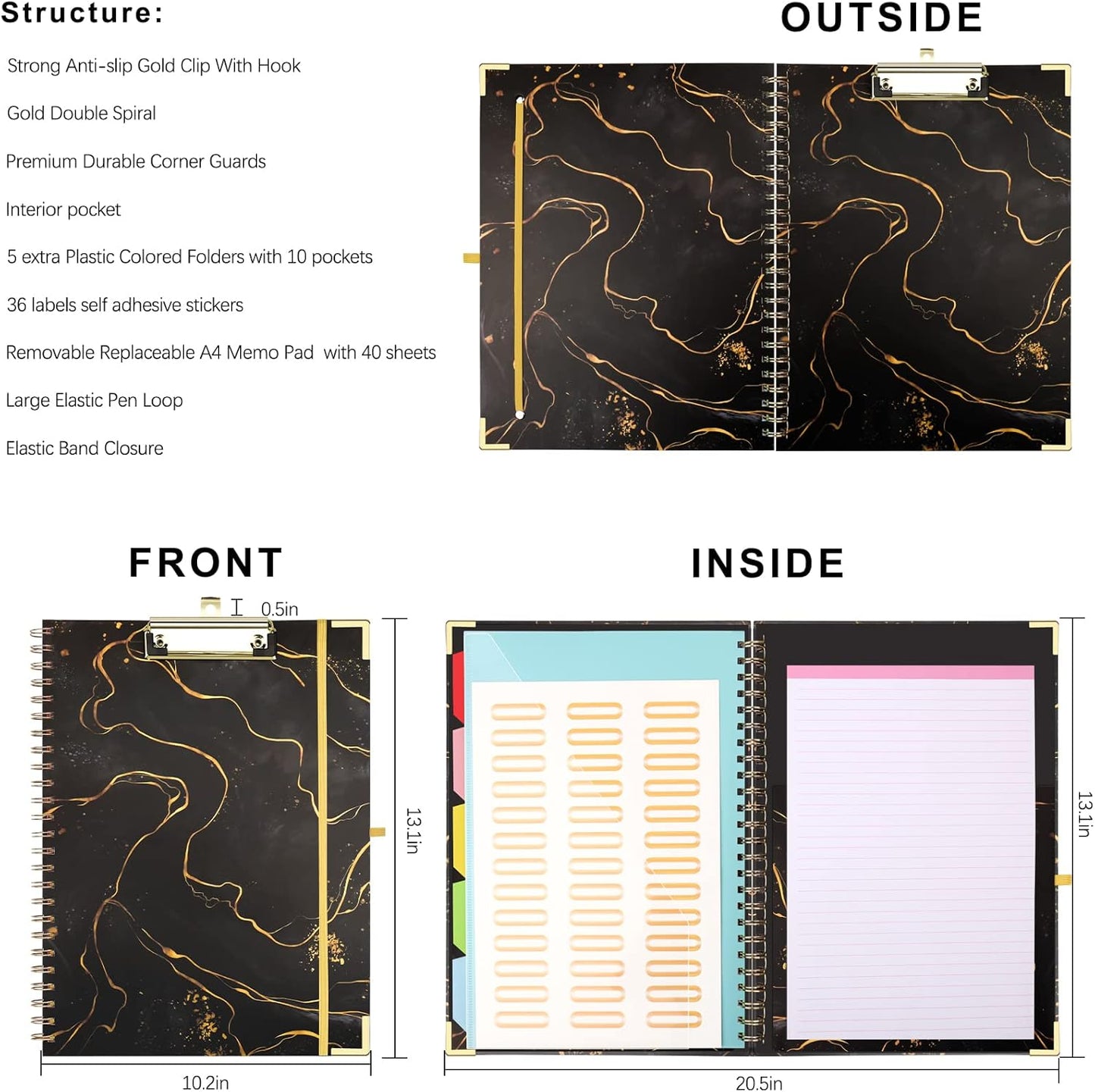 Foldable Spiral Clipboard Folio with Refillable Lined Notepad,5 Plastic Folders with 10 Pockets,Storage Clipboard Folder with Labels,Clipboards with Storage for Office Planner Clip Board-Pale Blue