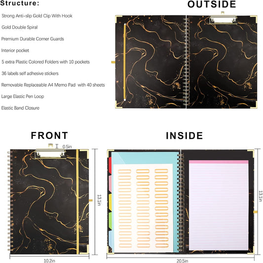 Foldable Spiral Clipboard Folio with Refillable Lined Notepad,5 Plastic Folders with 10 Pockets,Storage Clipboard Folder with Labels,Clipboards with Storage for Office Planner Clip Board-Pale Blue