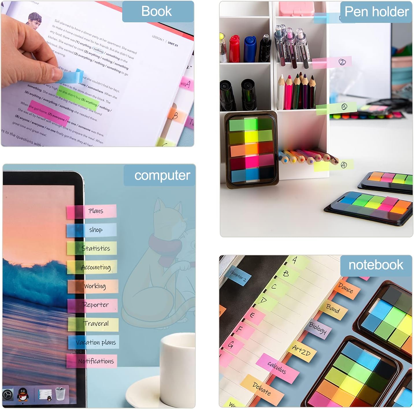 Golcellia Fluorescent Translucent Sticky Note Flags, 1200 Pcs Total, Pack of 10 Color Tabs, Arrow Index Tabs, Page Flag Markers