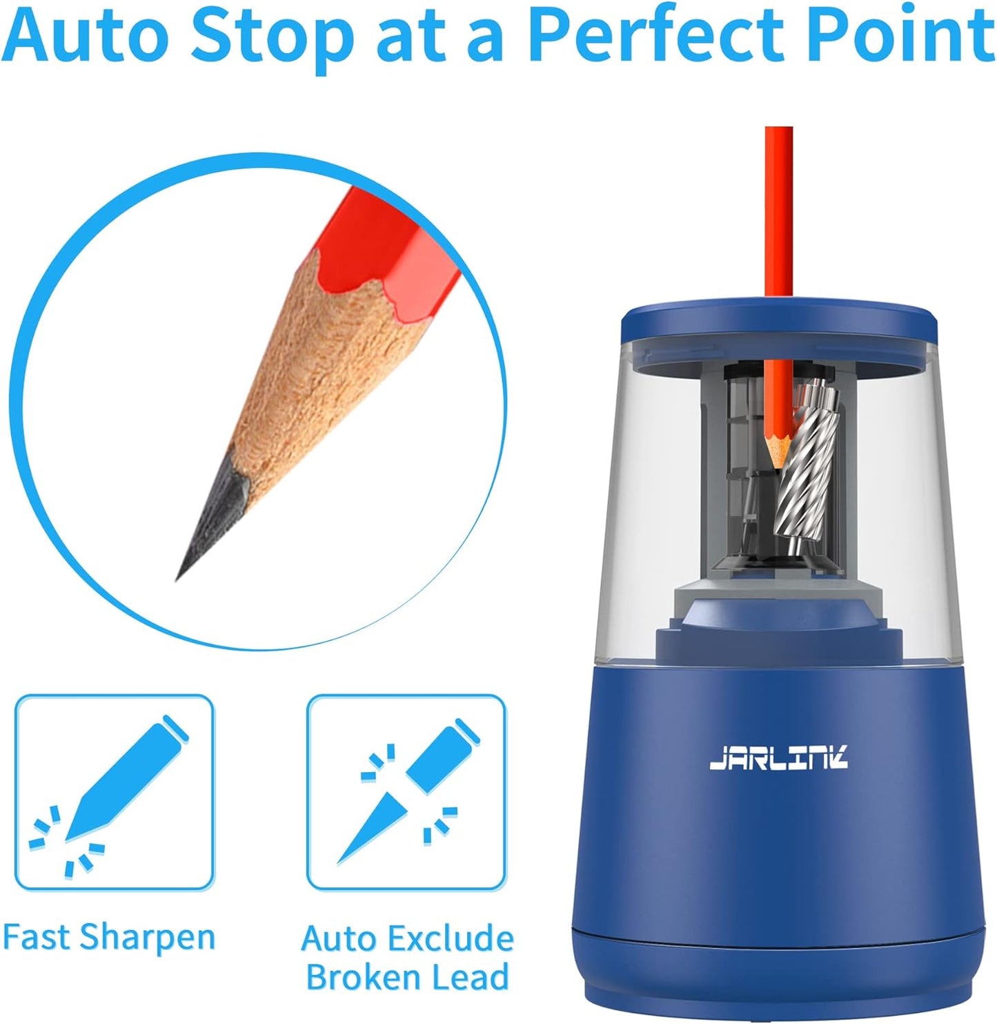 JARLINK Electric Pencil Sharpener, Heavy-Duty Helical Blade to Fast Sharpen, Auto Stop for No.2/Colored Pencils(6-8mm), AC Adapter/Battery Operated in School Classroom/Office/Home (Black)