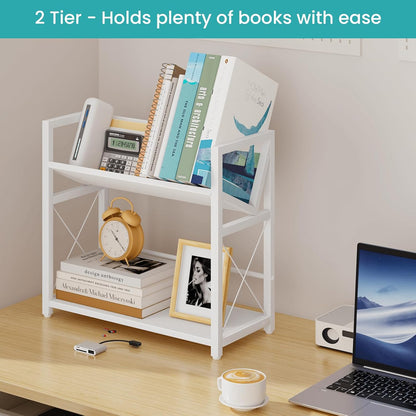 ELITEROO Desktop Bookshelf, 2 Tier Desk Shelf Organizer, Wooden Tabletop Bookcase, Small Desk Top Book Rack for Office, Home, Bedroom, Small Space Storage and Display, Rustic Brown