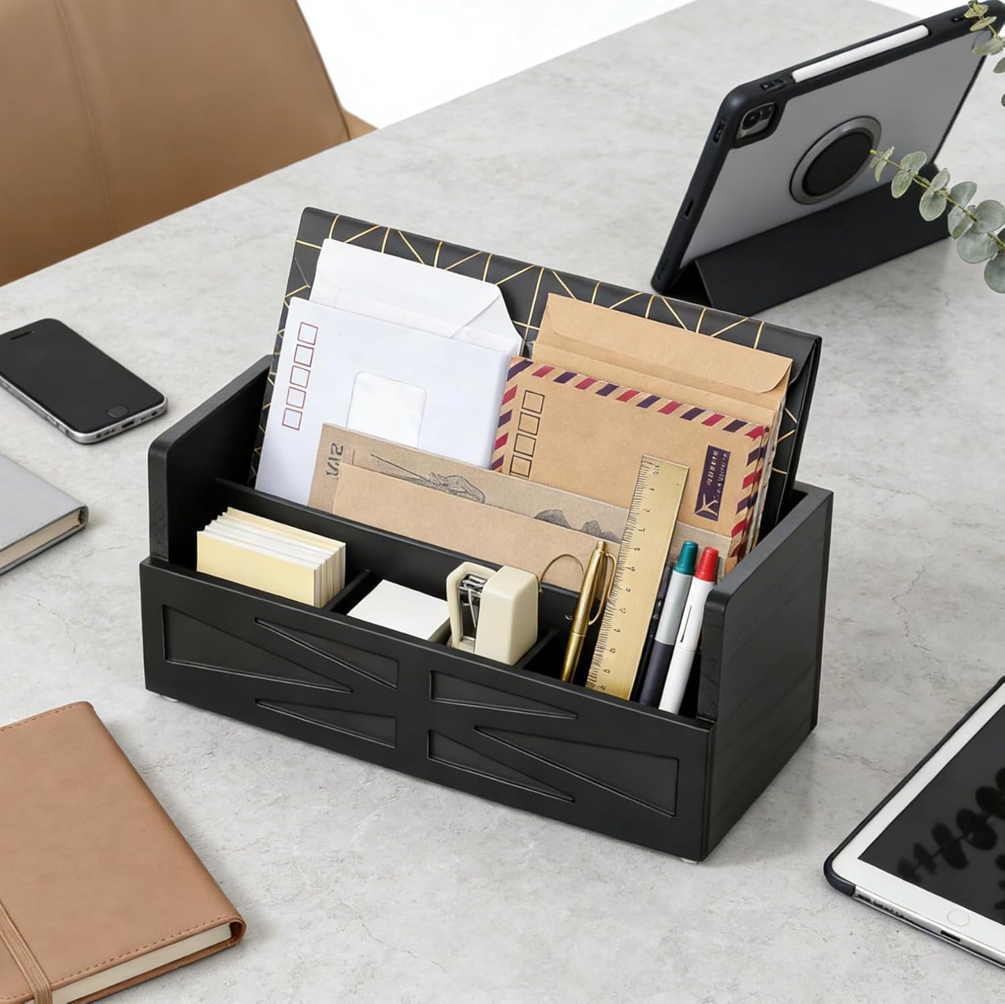 Rustic Wood Mail Organizer Countertop with 4 Slots, Black Mail Holder for Desk, Removable Dividers Mail Sorter, Letter Bill File Organizer for Home Office Classroom, Desktop Organizer with Free Labels