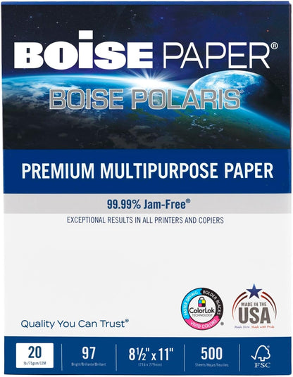 Boise Paper Premium Multipurpose Copy Paper | 8.5" x 11" Letter | 97 Bright White, 24 lb. | 10 Ream Carton (5,000 Sheets)
