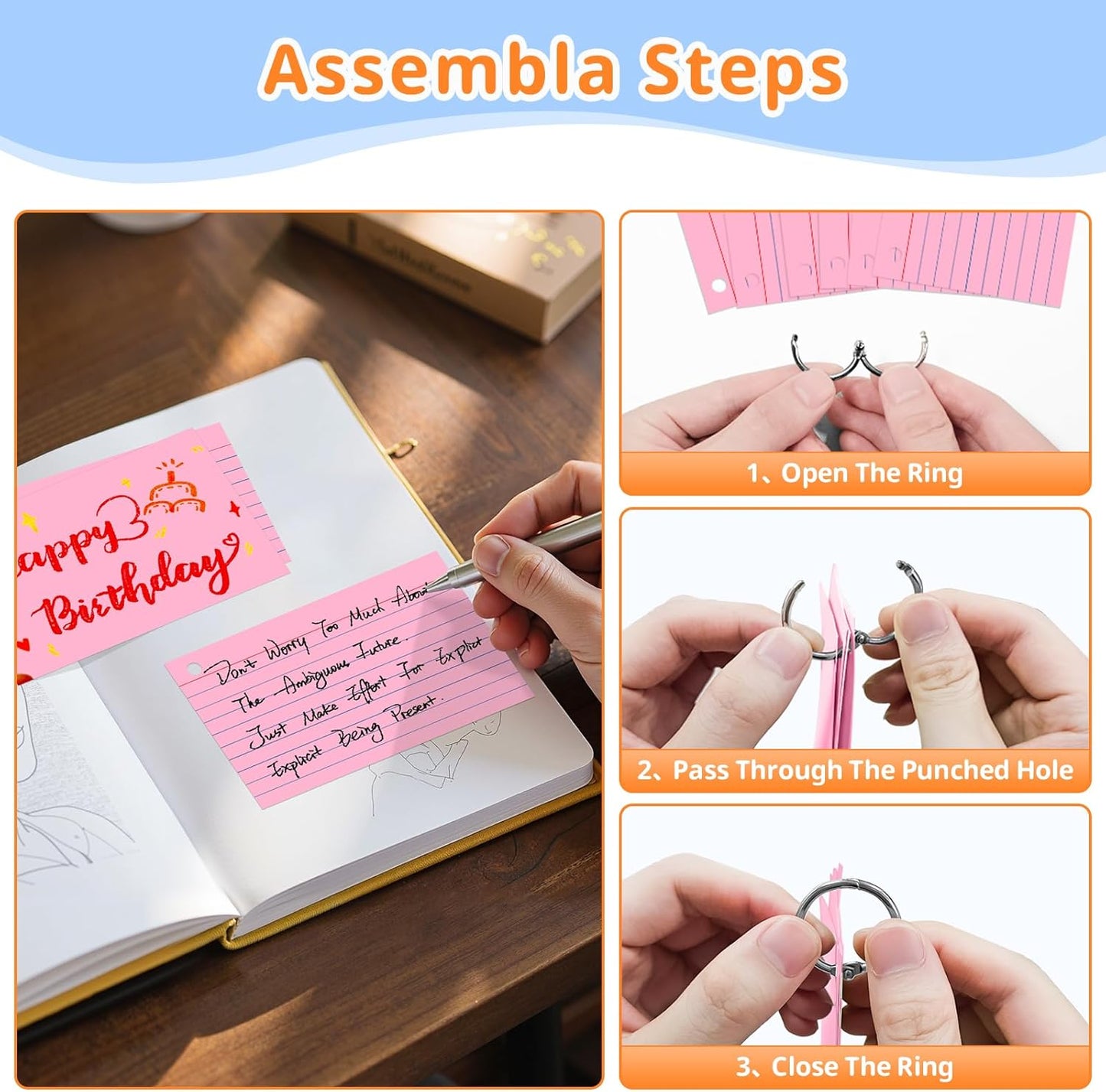 Index Cards 3x5 Inches, 300 PCS, Colored Flash Cards With Ring, Punched Lined Study Card Ruled Flashcards Notecards, Ruled Front And Blank Back, Note Card for School, College And Home
