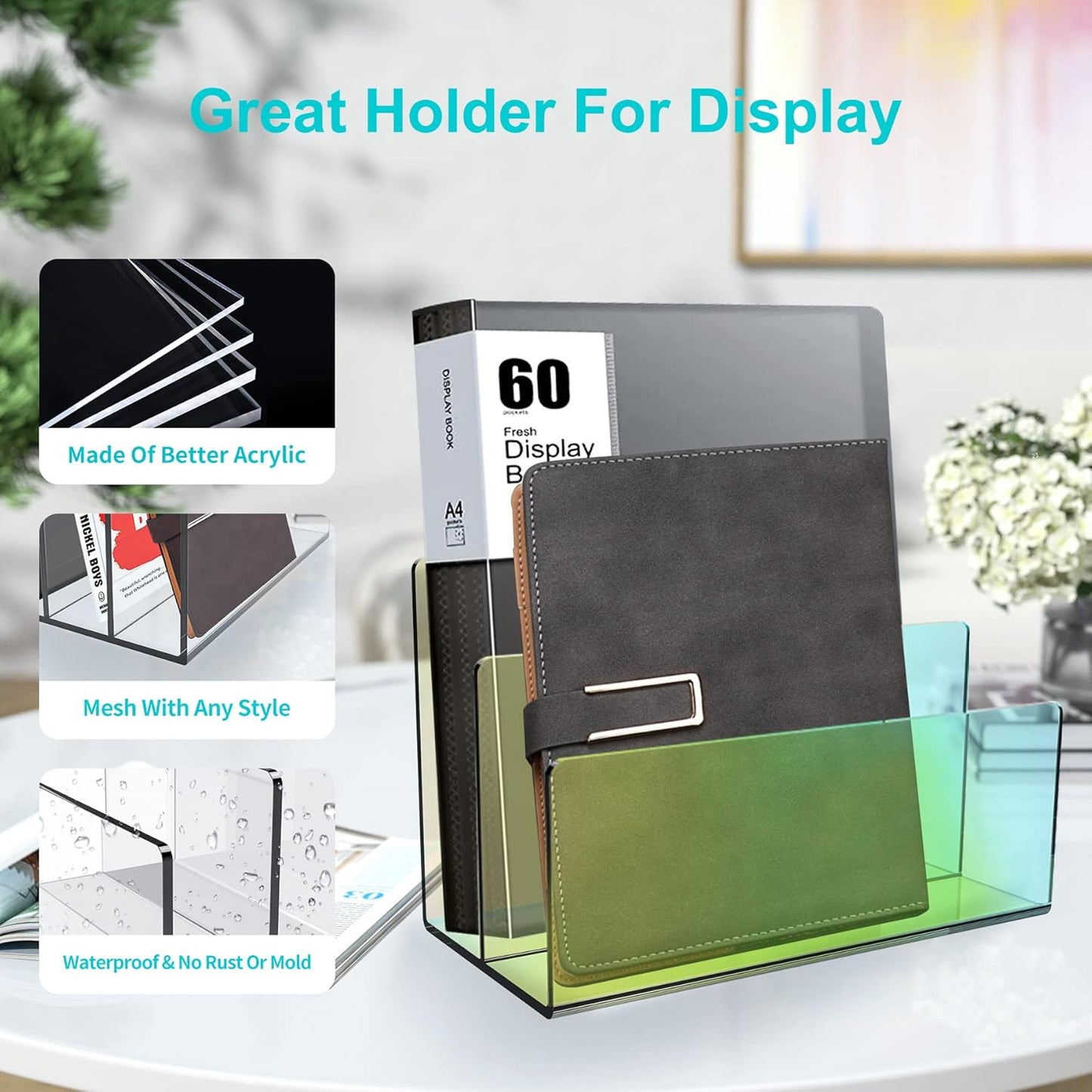 Boloyo Acrylic File Holder,1PC 2 Sections Rainbow File Organizer Mail Letter Sorter Desktop Folder Holder for Home Office School Envelope Bill Filling Paper Document