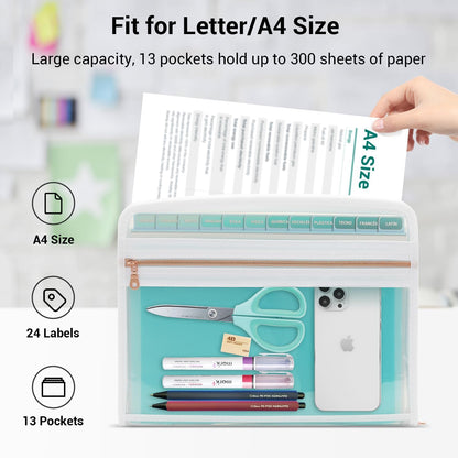 Mukawa 13 Pocket Zippered Expanding File Folder, Accordion File Organizer for Documents Letter Size A4 Papers (Pink)