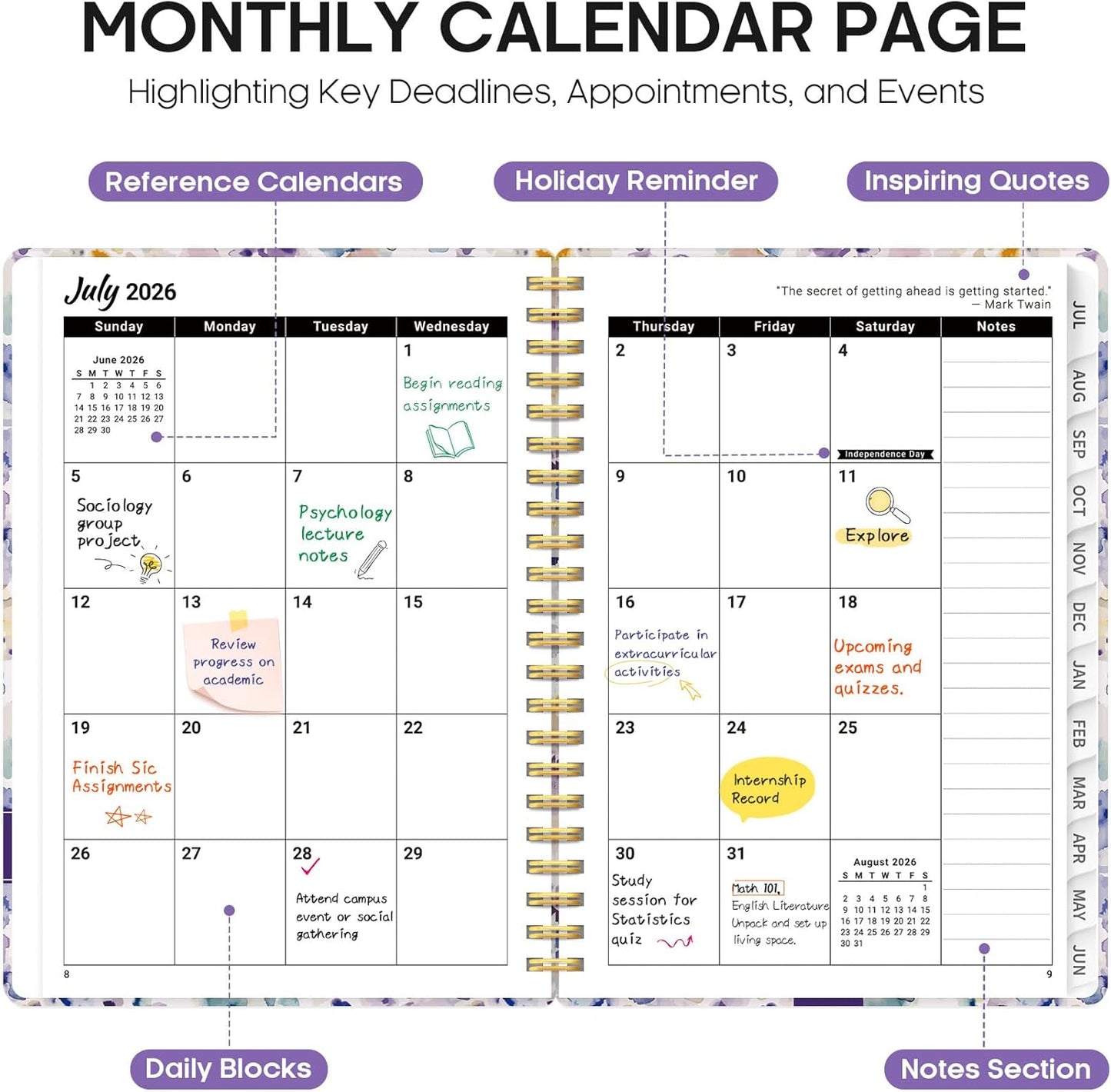 Planner 2026-2027, Academic Year Monthly and Weekly Calendar Planner, Jul 2026 - Jun 2027, Hardcover Teacher Student Planning Agenda book with Tabs, Perfect for School Office Supplies, 6.3" x 8.5" - Wildflowers