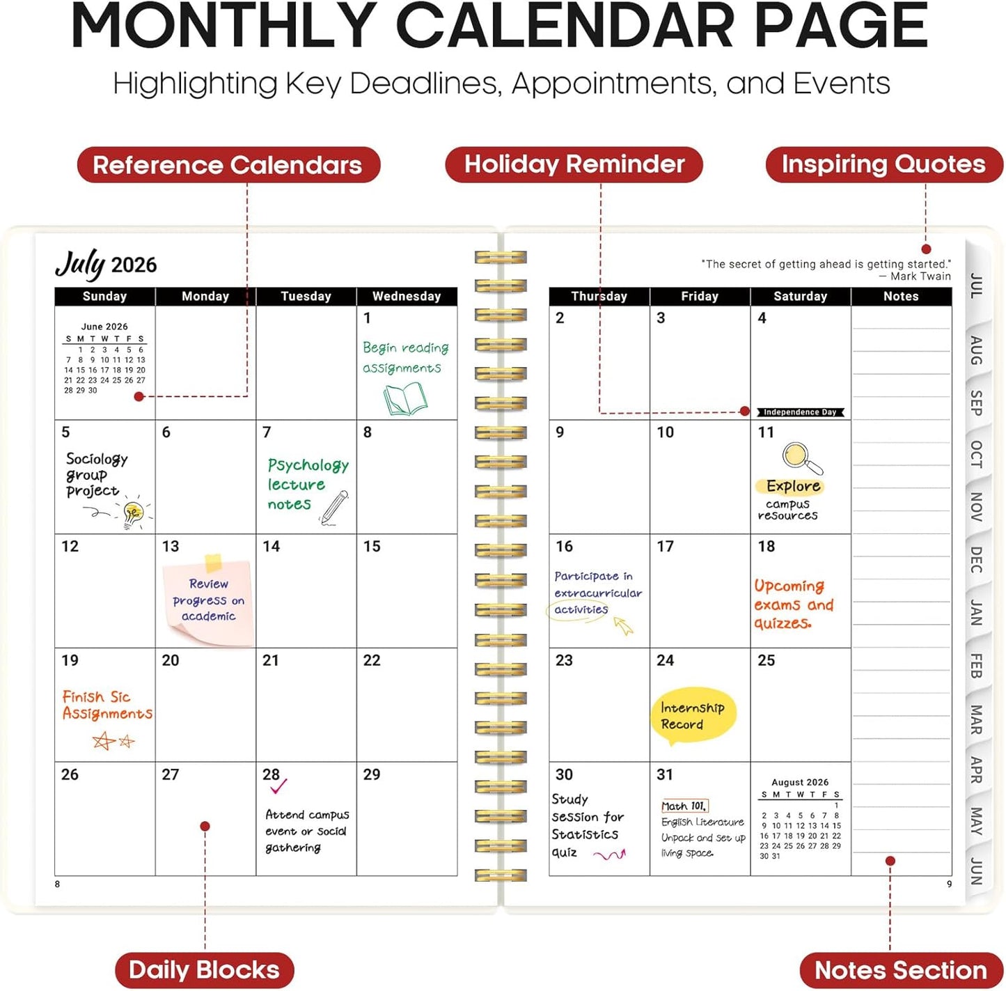 Planner 2026-2027, Academic Year Monthly and Weekly Calendar Planner, Jul 2026 - Jun 2027, Hardcover Teacher Student Planning Agenda book with Tabs, Perfect for School Office Supplies, 6.3" x 8.5" - Wildflowers