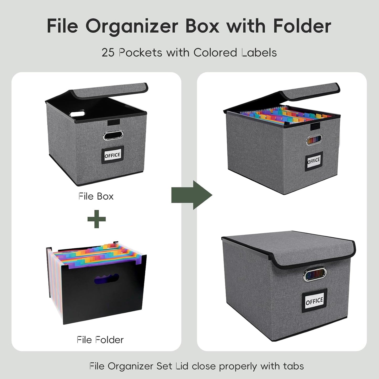 File Organizer Box with 25-Pocket Accordion Folder, File Folder & Protective Lid - Document Storage for Home, Office, School, Dark Grey