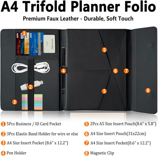 Portfolio Folder Padfolio with A4 Clipboard, PU Leather Portfolio Clipboard Business Binder Writing Clip Board Organizer for Legal Documents Business Card Men Women Pink