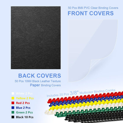 HOUYEE 120 Pack Binding Covers and Backs Set, 8.5x11 Inches, Including 60 Pcs 10 Mil Clear Binding Covers, 60 Pcs 12 Mil Black Plastic Sand Texture Polycovers, Letter Size