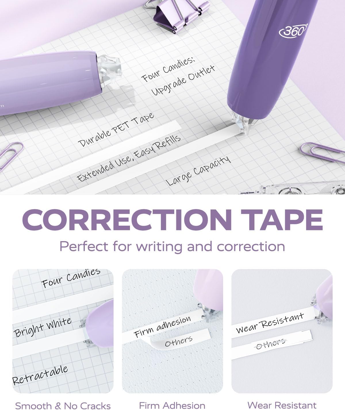 Four Candies Refillable Retractable White Correction Tape, 4PCS Smooth White Pull-Out Tape with 4 Extra Refills, Easy to Use Applicator for Instant Corrections for Office, School Supplies (Purple)