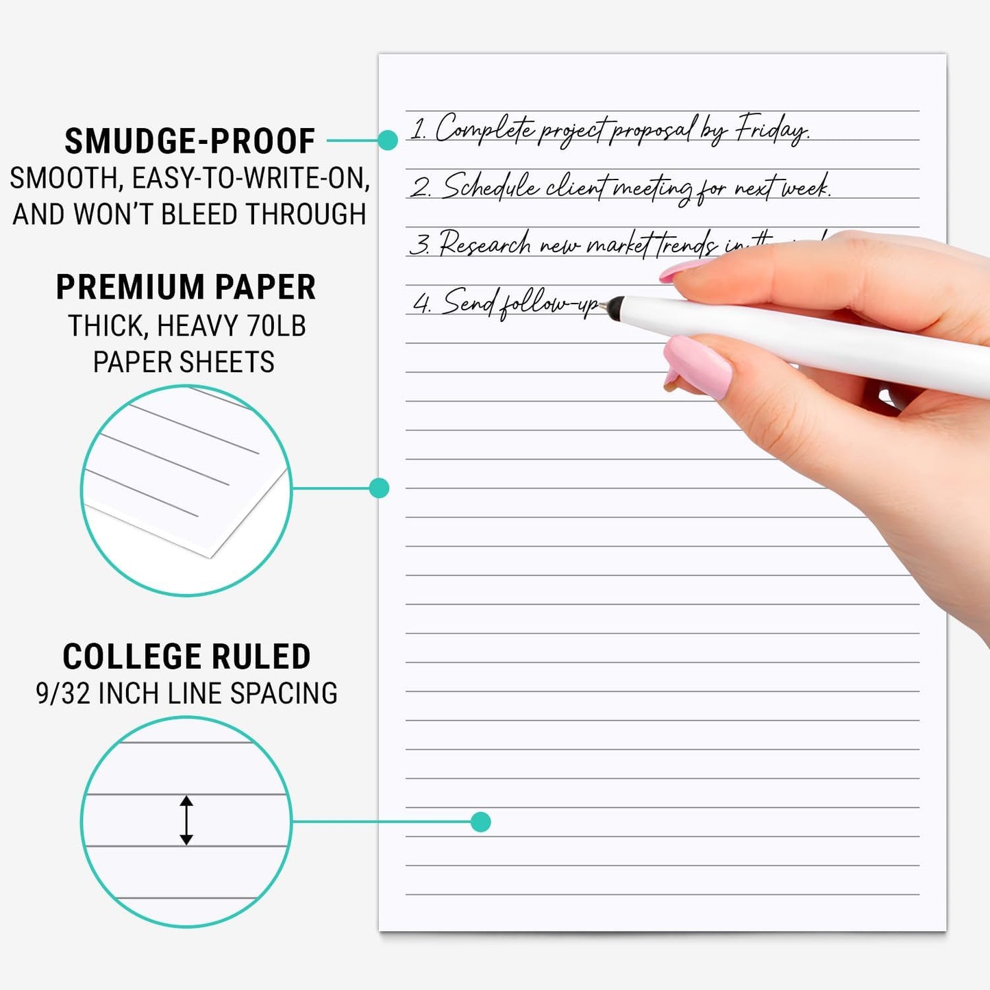 321Done Ruled Notepad Lined Notepad - Made in USA, White - Half Size (5.5x8.5), Wide-Ruled