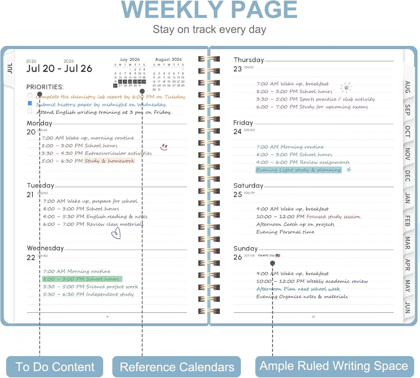 Planner 2026-2027, Weekly and Monthly Academic Year Calendar Planner, July 2026 - June 2027, Daily Agenda Book for Office School Supplies, A5(6.3'' x 8.5'')