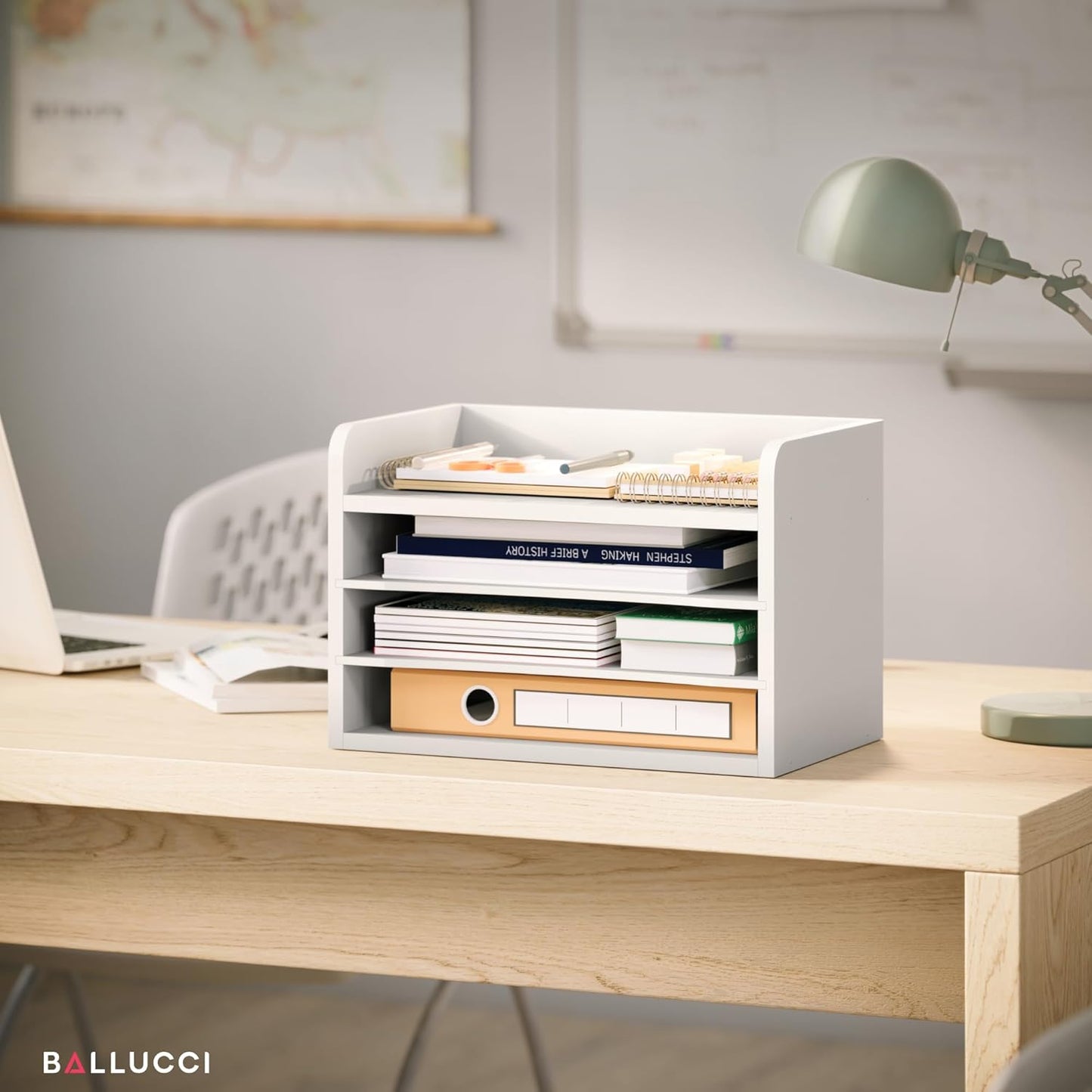 Ballucci 4-Tier Paper Organizer for Desk, Stackable Tray, Desk Storage Organizer Shelves, Stacking Letter Paper Tray Sorter for Classroom Office, Black