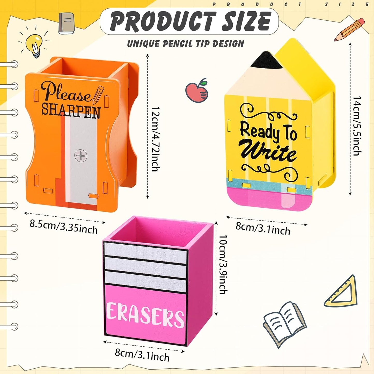 AmazingSpark 3 Pcs Pencil Shaped Holder Sharp and Eraser and Dull Holder Wooden Dispenser Pencil Storage Organizer for Back to School Management Organization (Classic)