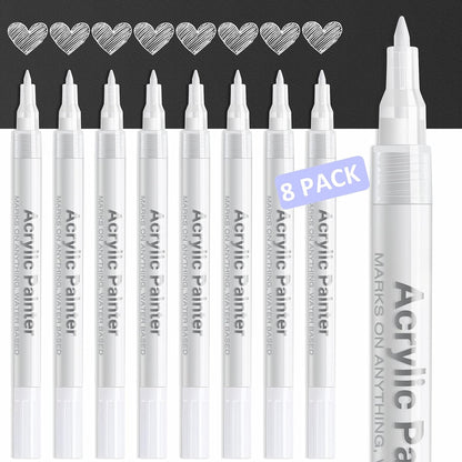 AKARUED White Paint Pen Acrylic Marker: 8 Pack 0.7mm White Paint Marker for Black Paper, Metal, Wood, Plastic, Ceramic, Metallic, Rock Painting, Drawing, Extra Fine Point, Ideal for Artist & Students