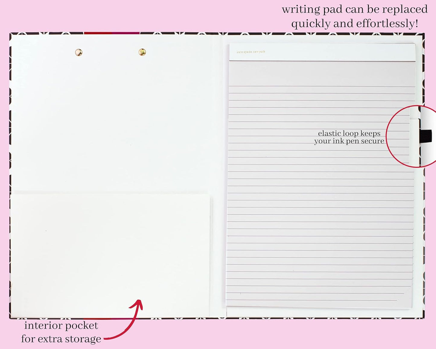 Kate Spade New York Clipboard Folio with Low Profile Clip, Black Professional Padfolio Includes Lined Notepad, Pen Loop, and Pocket, Polka Dots