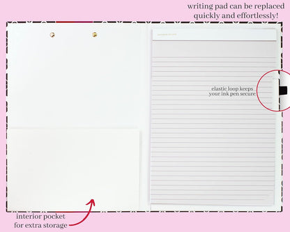 Kate Spade New York Clipboard Folio with Low Profile Clip, Black Professional Padfolio Includes Lined Notepad, Pen Loop, and Pocket, Polka Dots