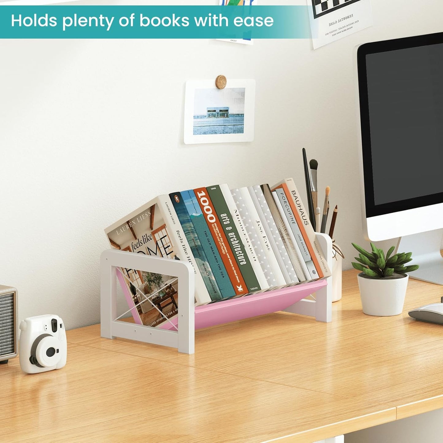 ELITEROO Desktop Bookshelf Organizer, Wood Slanted Desk Bookshelf, Small Tabletop Book Rack, Portable Mini Bookcase for Book Display, Cookbooks, Kids Reading, Office & Home Storage, Rustic Brown