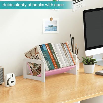 ELITEROO Desktop Bookshelf Organizer, Wood Slanted Desk Bookshelf, Small Tabletop Book Rack, Portable Mini Bookcase for Book Display, Cookbooks, Kids Reading, Office & Home Storage, Rustic Brown
